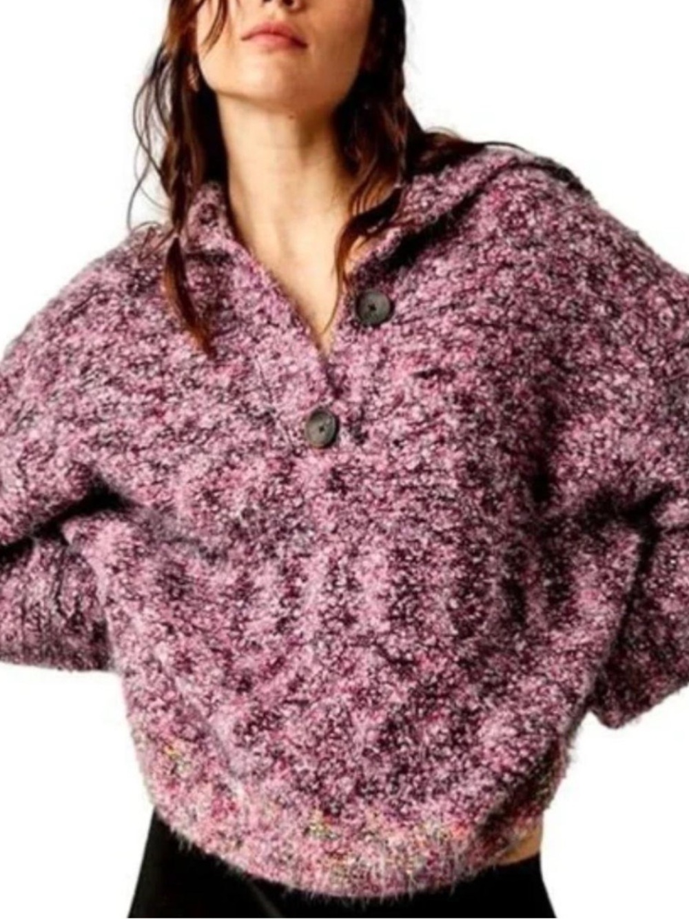 Free People Heathered Mauve Bouclé V-Neck Button Sweater